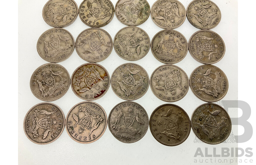 Twenty Five Australian KGVI Silver Sixpence Including Years 1950, 1951, 1952  .500