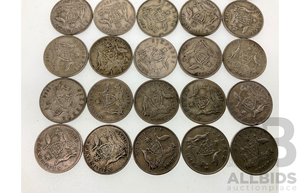 Twenty Five Australian QE2 Silver Sixpence, Examples Spanning 1953 to 1959  .500