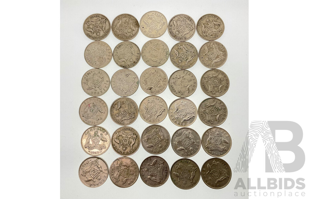 Thirty Australian KGVI/QE2 Silver Sixpence, Examples Spanning 1946 to 1963  .500