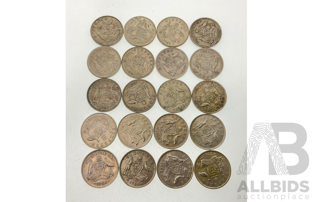 Twenty Australian KGVI/QE2 Silver Sixpence, Examples Spanning 1950 to 1962 .500