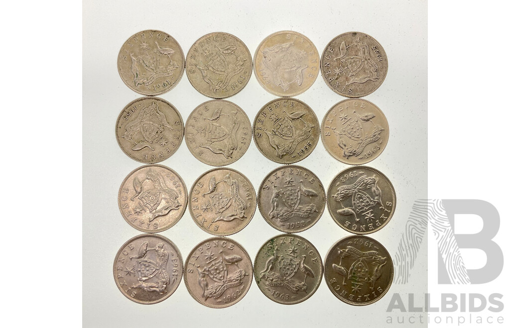 Sixteen Australian QE2 Silver Sixpence, Examples Spanning 1955 to 1963 .500