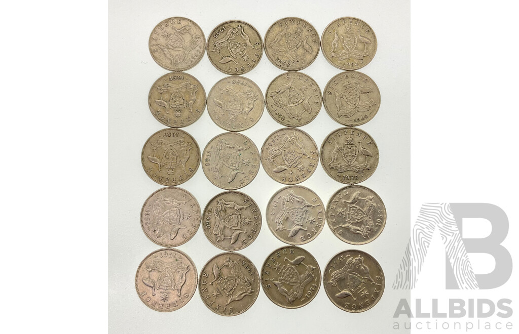 Twenty Australian QE2 Silver Sixpence, Examples Spanning 1954 to 1963  .500