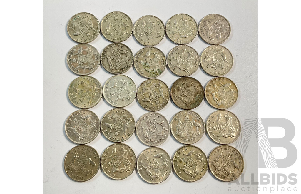 Twenty Five Australian QE2 Silver Sixpence, Examples Spanning 1954 to 1963 .500
