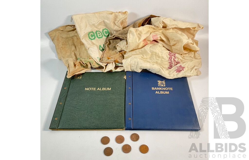 Six Australian Pennies Including 1916I with Two Empty Albums and Six Vintage Calico Bank Bags