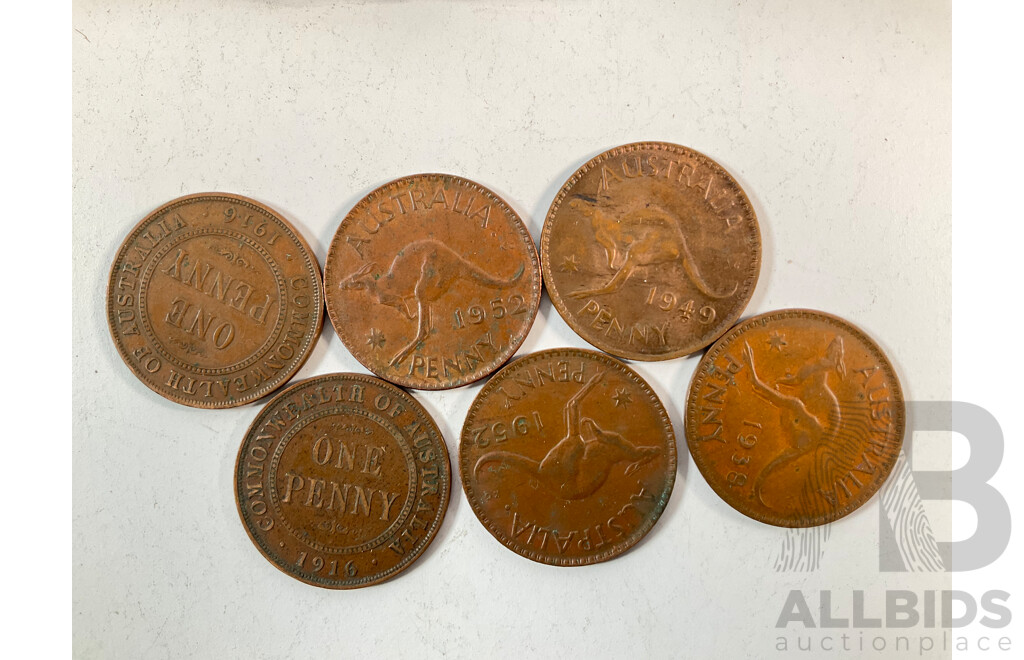 Six Australian Pennies Including 1916I with Two Empty Albums and Six Vintage Calico Bank Bags