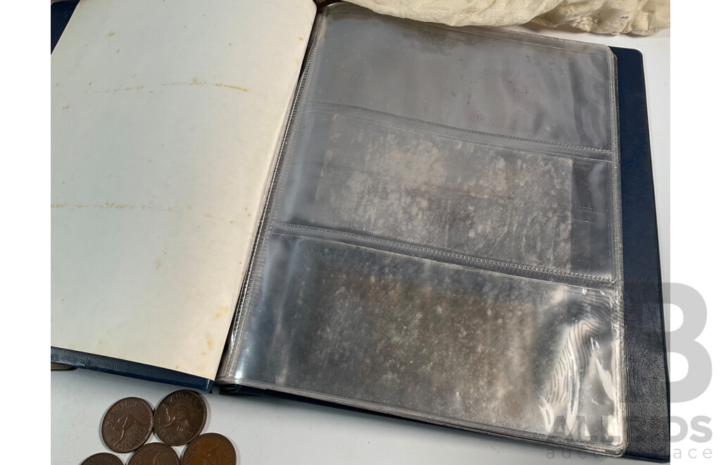 Six Australian Pennies Including 1916I with Two Empty Albums and Six Vintage Calico Bank Bags