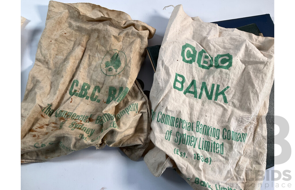 Six Australian Pennies Including 1916I with Two Empty Albums and Six Vintage Calico Bank Bags