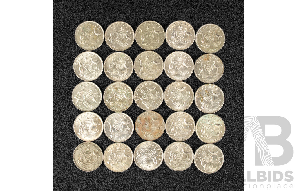 Twenty Five Australian Silver QE2 Sixpence, Examples Spanning 1960 to 1963 .500