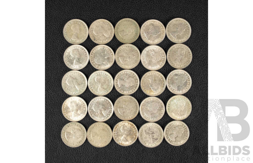 Twenty Five Australian Silver QE2 Sixpence, Examples Spanning 1960 to 1963 .500