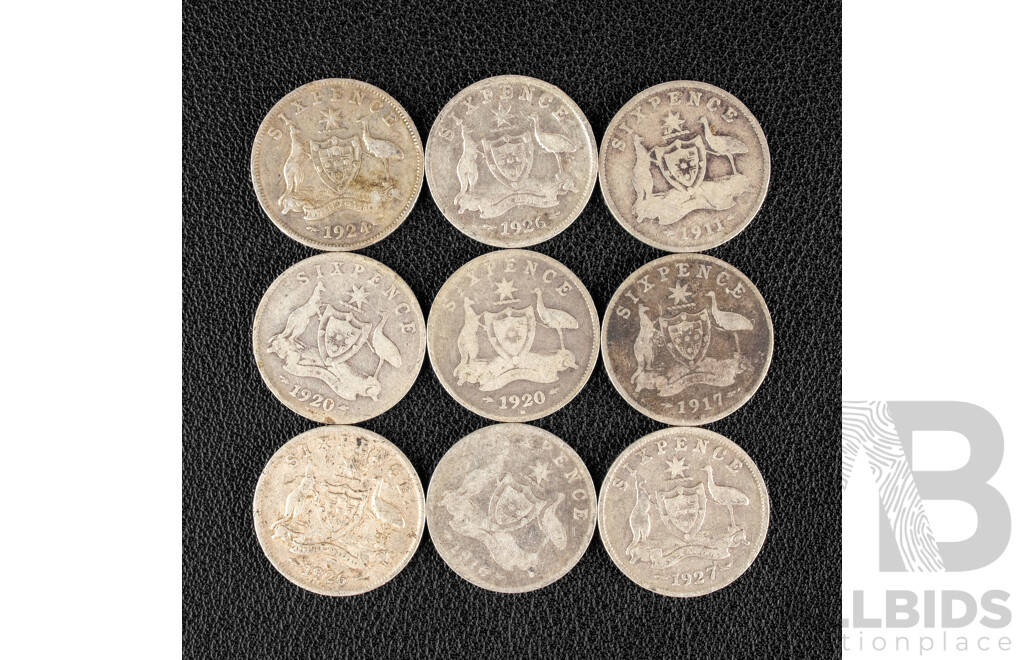 Nine Australian KGV Silver Sixpence Including 1911, 1916, 1917, 1920(2) 1924, 1926(2) 1927  .925