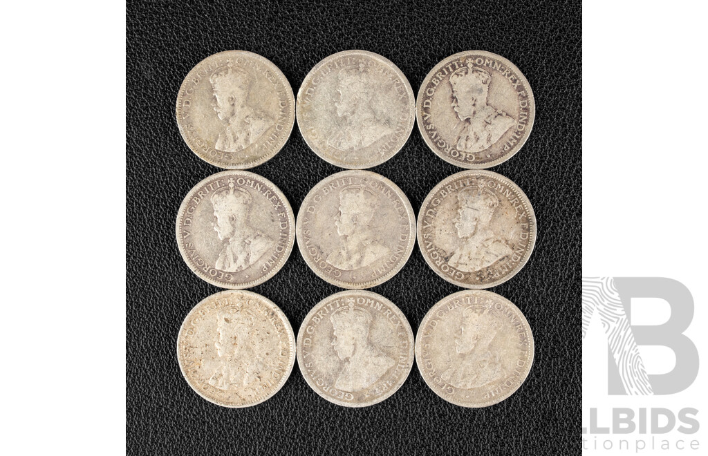 Nine Australian KGV Silver Sixpence Including 1911, 1916, 1917, 1920(2) 1924, 1926(2) 1927  .925