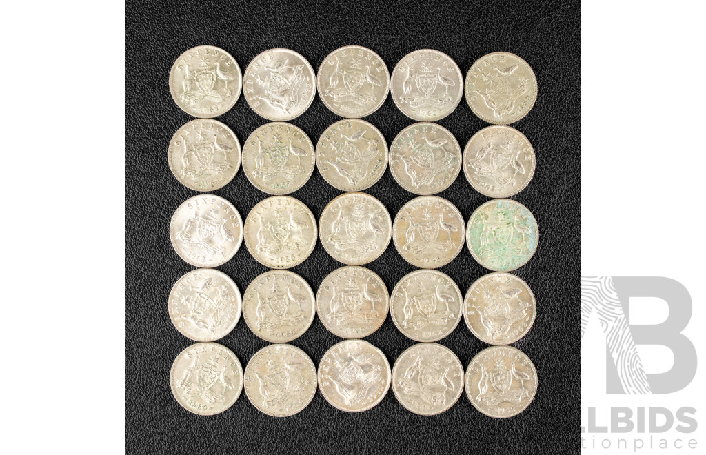 Twenty Five Australian Silver QE2 Sixpence, Examples Spanning 1954 to 1963 .500