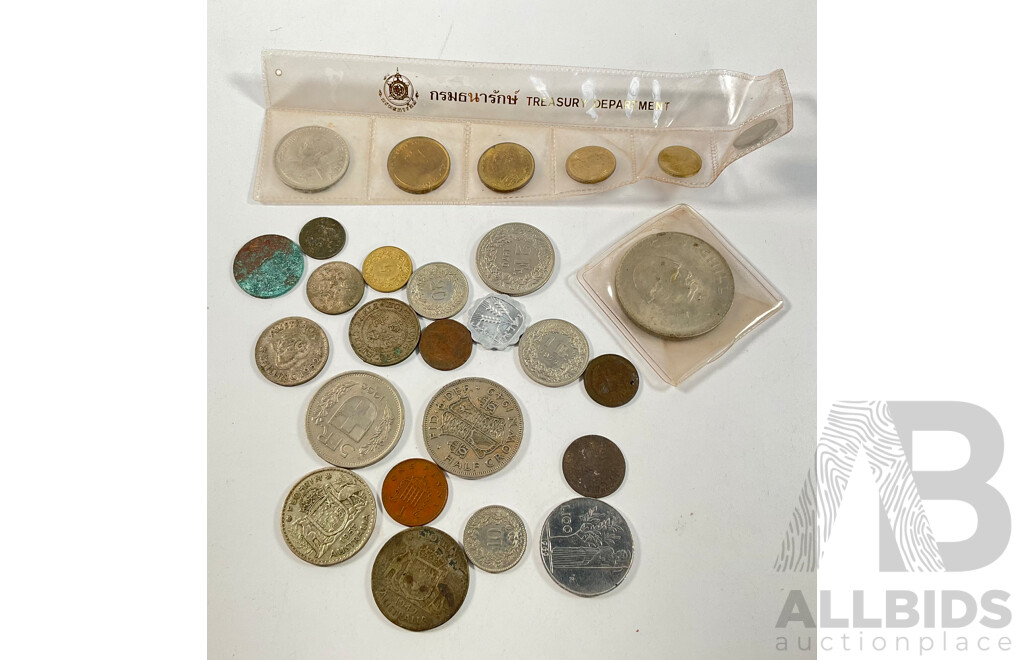 Assortment of International Coins Including Australian Silver 1947, 1953 Florins, 1952 Shilling, Thailand Coin Set, Great Britain 1965 Churchill Crown and More