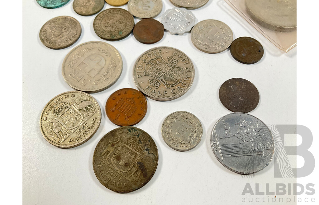 Assortment of International Coins Including Australian Silver 1947, 1953 Florins, 1952 Shilling, Thailand Coin Set, Great Britain 1965 Churchill Crown and More