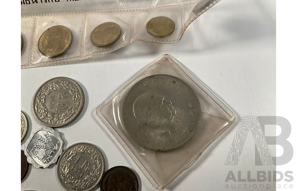 Assortment of International Coins Including Australian Silver 1947, 1953 Florins, 1952 Shilling, Thailand Coin Set, Great Britain 1965 Churchill Crown and More