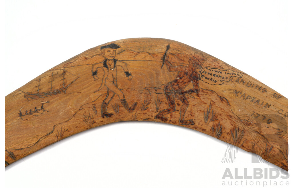 Vintage Indigenous Australian Boomerang with Incised Arrival of Captain Cook Decoration by Joe Timbery, La Perouse, Sydney, 1960s