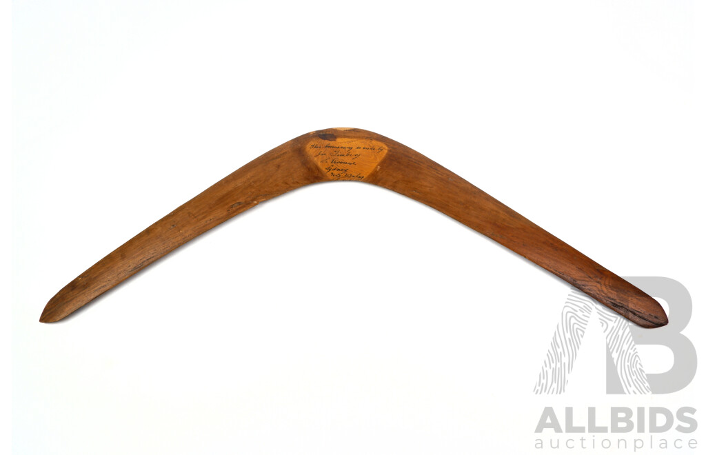 Vintage Indigenous Australian Boomerang with Incised Arrival of Captain Cook Decoration by Joe Timbery, La Perouse, Sydney, 1960s