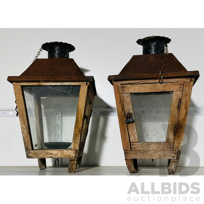 Pair of Rustic Wood and Metal Outdoor Lantenrs