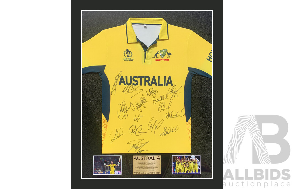 LIVE AUCTION ITEM #2  Australian ODI Cricket - Signed and Box Framed 2023 ODI World Cup Champions Squad Shirt.