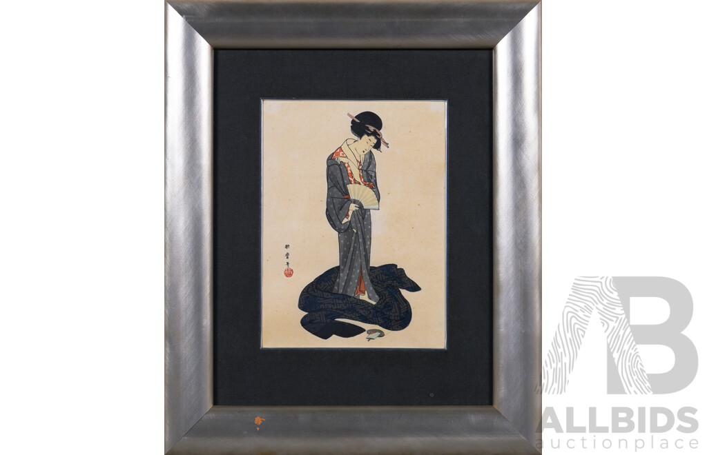 After Kitagawa Utamaro I (c1754-1806), Beauty Dressing in Summer, Colour Woodblock Print, 42.5 x 30 cm (frame)