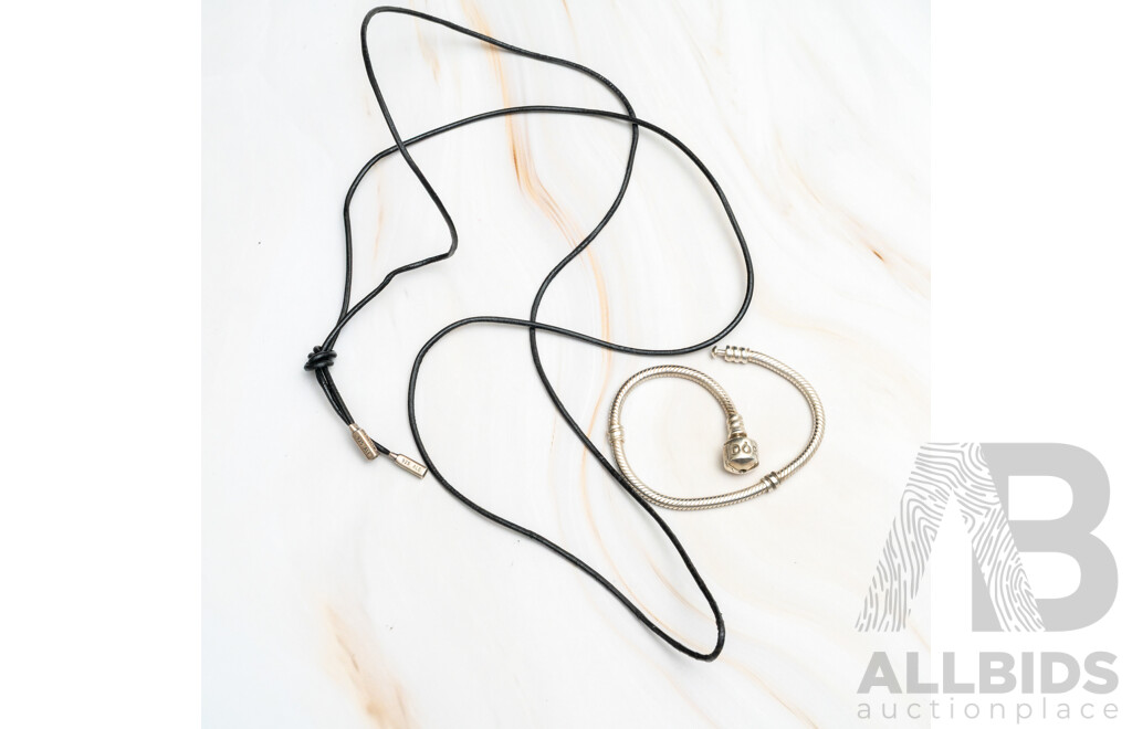 Pandora Sterling Silver Snake Chain Bracelet, 17cm, 13.50 Grams & Pandora Black Leather Lariat Necklace, 90cm Long with Sterling Silver Caps
