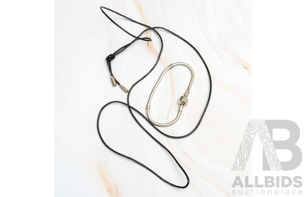 Pandora Sterling Silver Snake Chain Bracelet, 17cm, 13.50 Grams & Pandora Black Leather Lariat Necklace, 90cm Long with Sterling Silver Caps