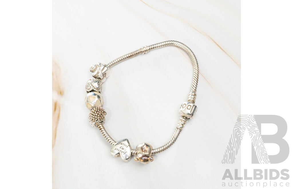 Pandora Sterling Silver Snake Chain Bracelet with (6) Authentic Pandora Sterling Silver Bead Charms, 18.5cm, 35.88 Grams