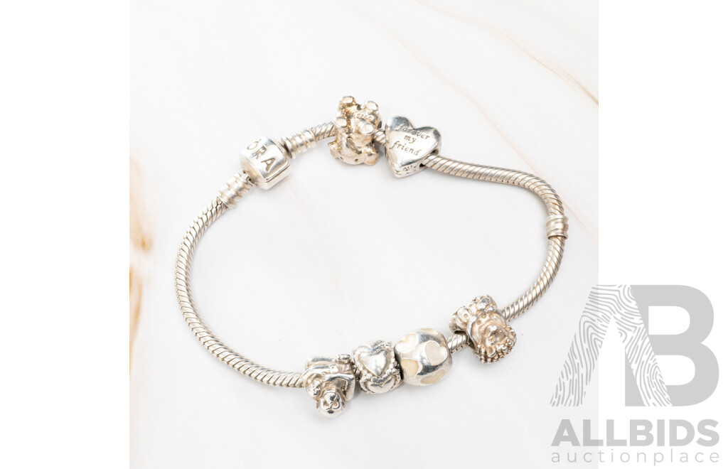 Pandora Sterling Silver Snake Chain Bracelet with (6) Authentic Pandora Sterling Silver Bead Charms, 18.5cm, 35.88 Grams