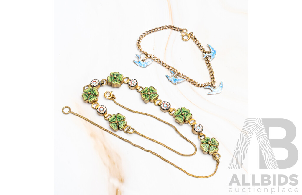 Vintage Venetian Glass Mosaic Brass Four Leaf Clover Necklace, 41cm & Vintage Enamel Blue Bird Bracelet, 17cm