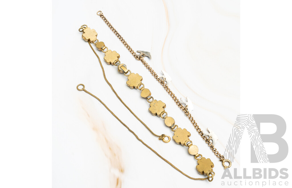 Vintage Venetian Glass Mosaic Brass Four Leaf Clover Necklace, 41cm & Vintage Enamel Blue Bird Bracelet, 17cm