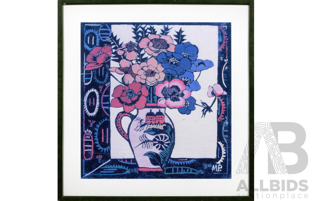 Margaret Preston, (Australian, 1875-1963), Pink Jug (Also Known as Anemones) (1925), Lovely Reproduction Print of Original Woodcut in Black Ink, From One Block; Hand-Coloured, 54 x 52 cm (frame)