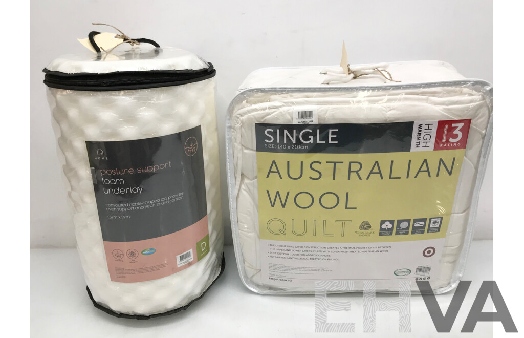 Posture Support Foam Underlay and Australian Wool Single Size Quilt - Lot of 2