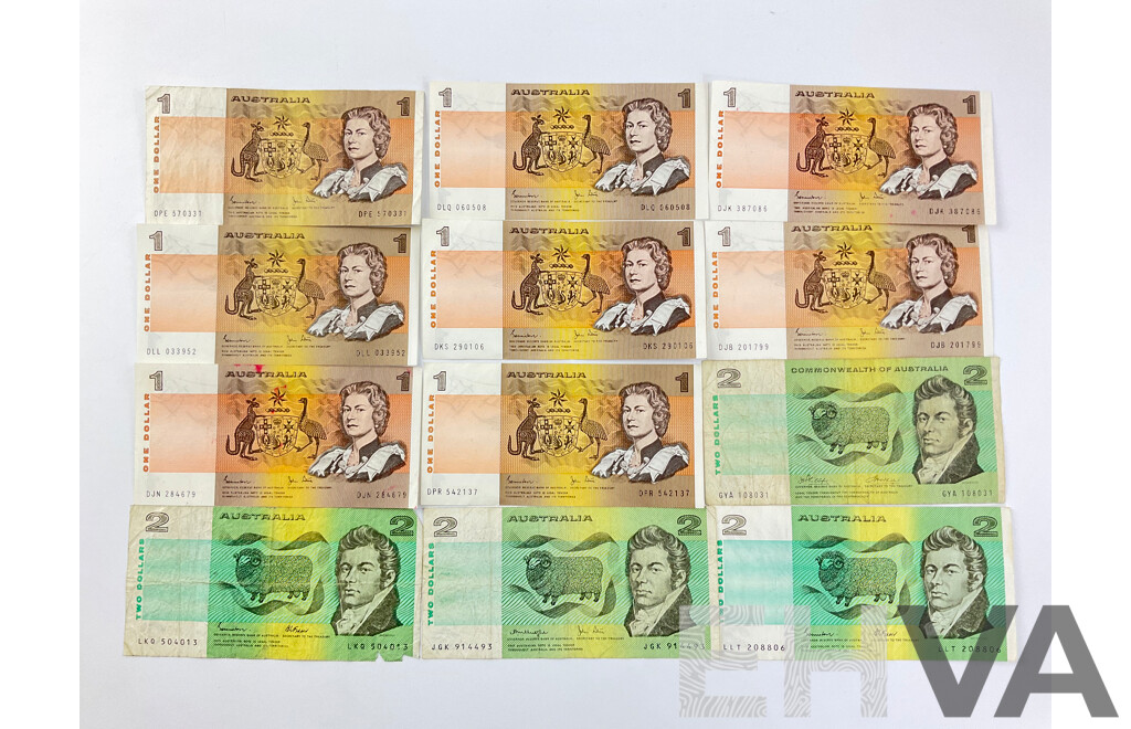 Australian Banknotes Including Two Dollar Notes, 1985 Johnston/Fraser(2) 1979 Knight/Stone, 1972 COA Phillips/Wheeler and Eight 1982 One Dollar Notes, Johnston/Stone