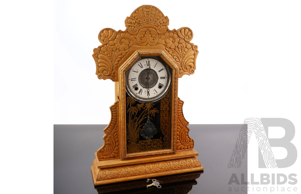 Antique Oak Gingerbread Mantle Chiming Clock