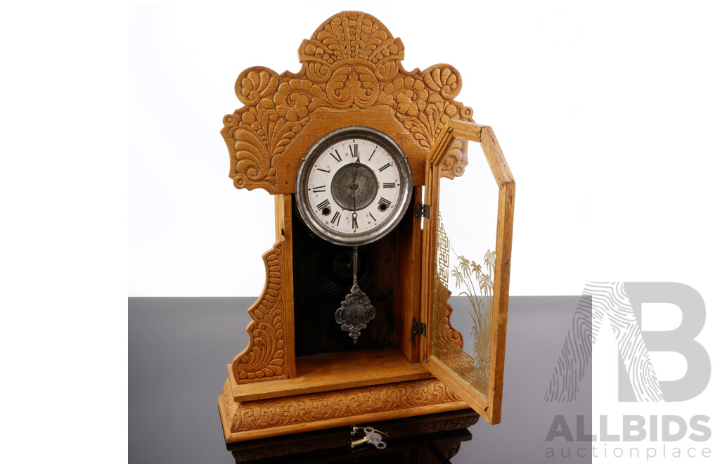 Antique Oak Gingerbread Mantle Chiming Clock