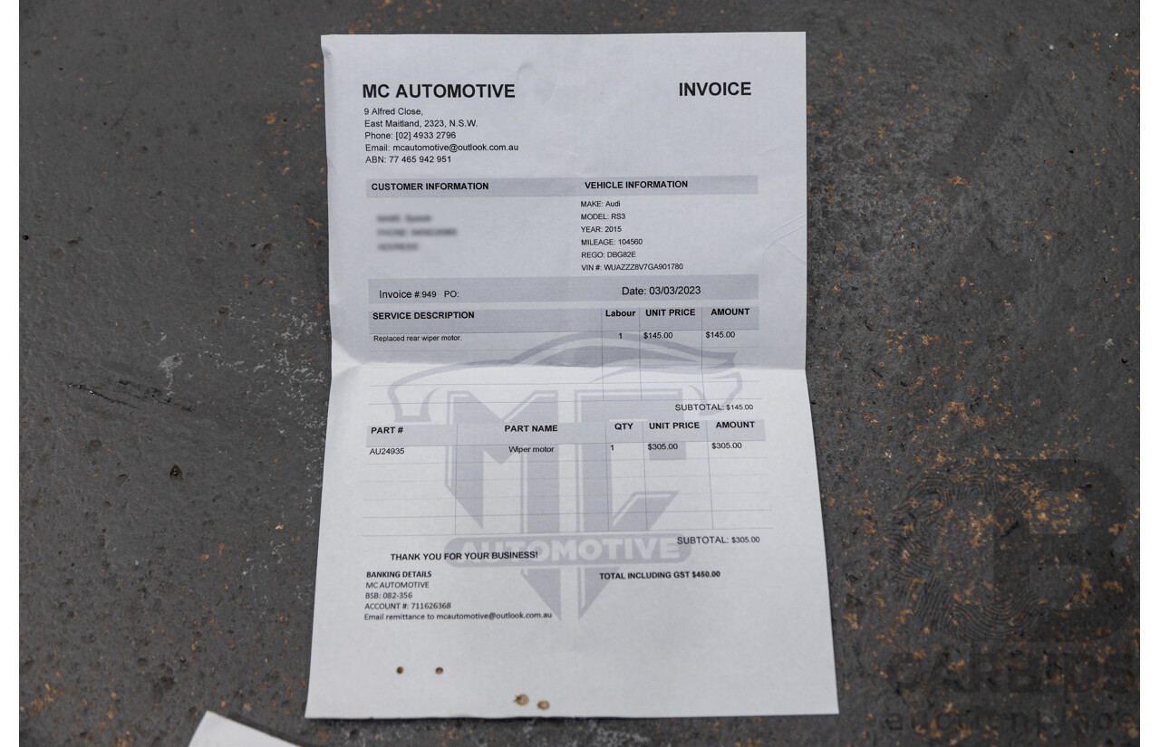 10/2015 Audi RS3 Sportback Quattro (AWD) 8V 5d Hatchback Nardo Grey Turbo 2.5L