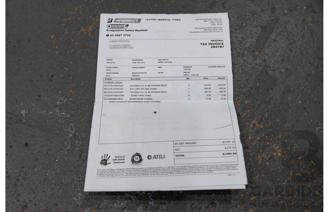 10/2015 Audi RS3 Sportback Quattro (AWD) 8V 5d Hatchback Nardo Grey Turbo 2.5L