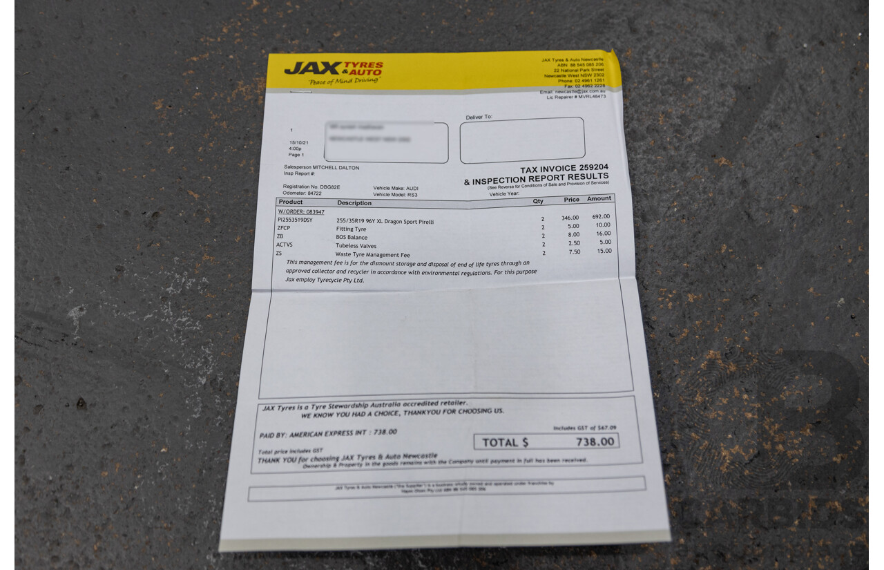 10/2015 Audi RS3 Sportback Quattro (AWD) 8V 5d Hatchback Nardo Grey Turbo 2.5L