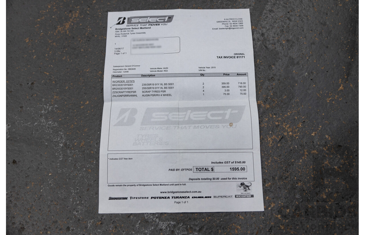 10/2015 Audi RS3 Sportback Quattro (AWD) 8V 5d Hatchback Nardo Grey Turbo 2.5L