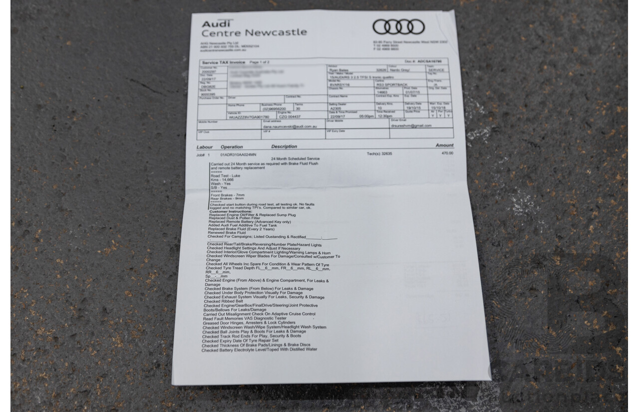 10/2015 Audi RS3 Sportback Quattro (AWD) 8V 5d Hatchback Nardo Grey Turbo 2.5L