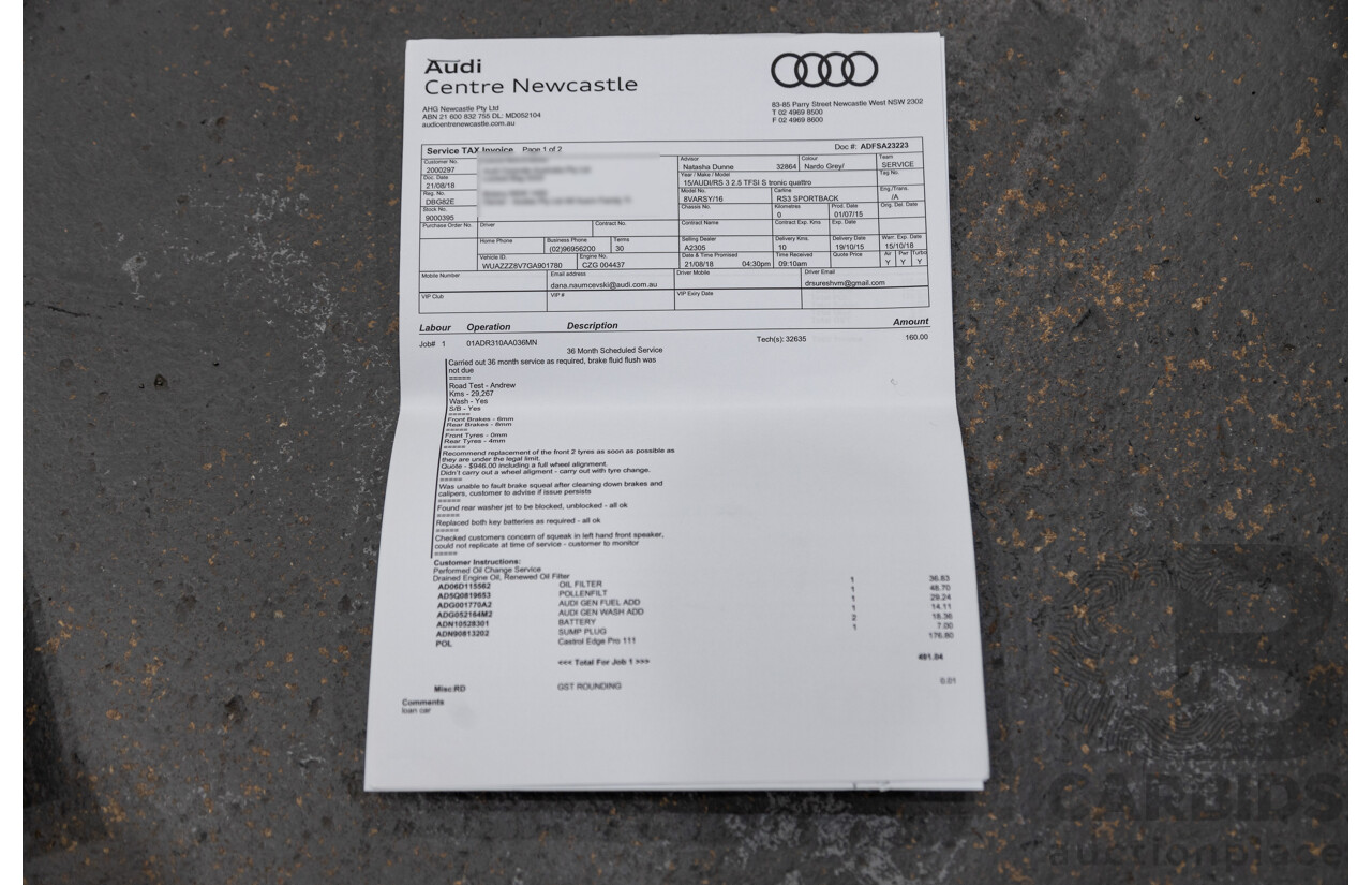 10/2015 Audi RS3 Sportback Quattro (AWD) 8V 5d Hatchback Nardo Grey Turbo 2.5L