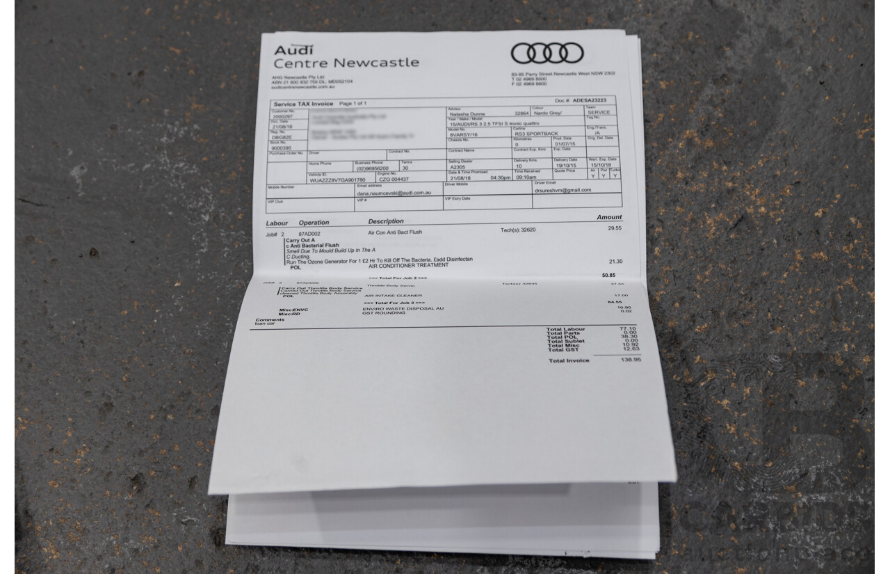 10/2015 Audi RS3 Sportback Quattro (AWD) 8V 5d Hatchback Nardo Grey Turbo 2.5L