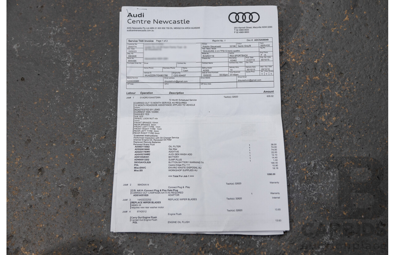 10/2015 Audi RS3 Sportback Quattro (AWD) 8V 5d Hatchback Nardo Grey Turbo 2.5L