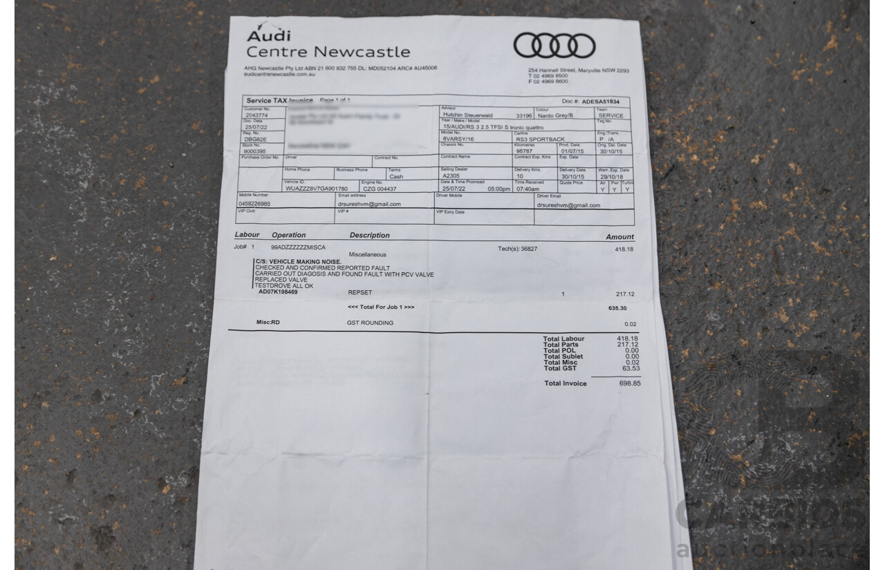 10/2015 Audi RS3 Sportback Quattro (AWD) 8V 5d Hatchback Nardo Grey Turbo 2.5L