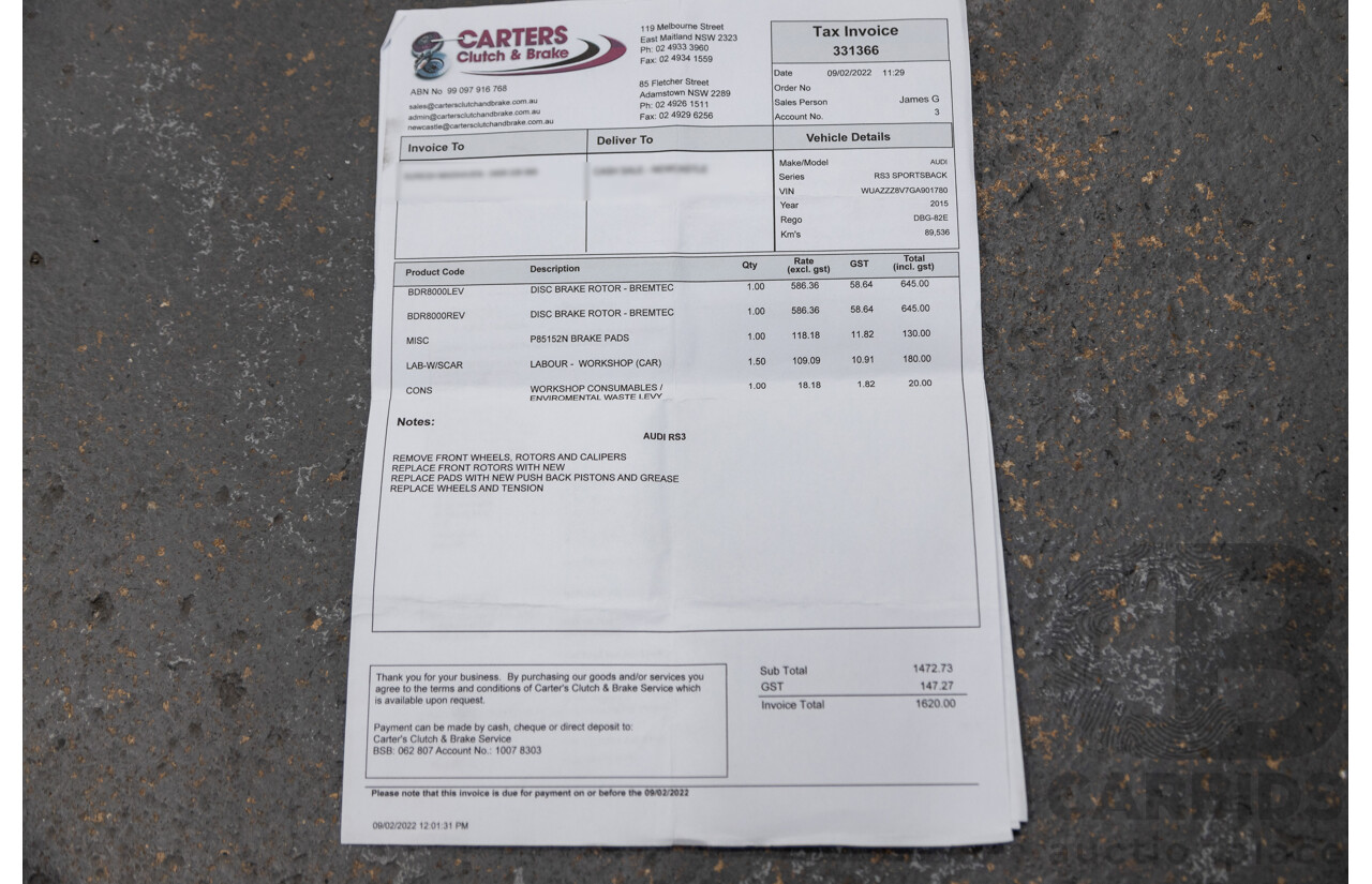 10/2015 Audi RS3 Sportback Quattro (AWD) 8V 5d Hatchback Nardo Grey Turbo 2.5L