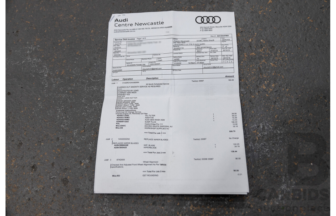 10/2015 Audi RS3 Sportback Quattro (AWD) 8V 5d Hatchback Nardo Grey Turbo 2.5L