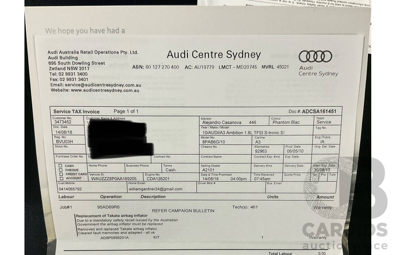 7/2010 Audi A3 S-Line Sportback 1.8 TFSI Ambition 8P MY10 5d Hatchback Phantom Black Pearl Turbo 1.8L