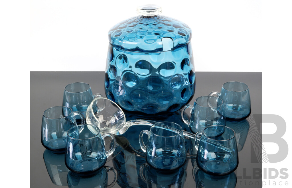 Mid Century Blue Dimpled Glass Lidded Punch Bowl with Ladle and Seven Glasses