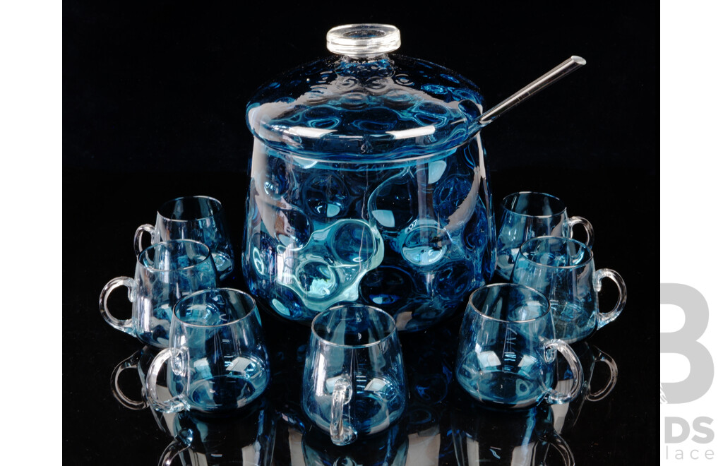 Mid Century Blue Dimpled Glass Lidded Punch Bowl with Ladle and Seven Glasses