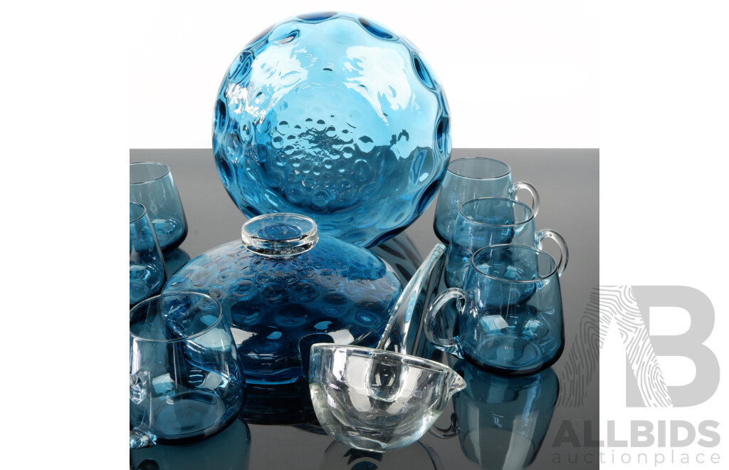 Mid Century Blue Dimpled Glass Lidded Punch Bowl with Ladle and Seven Glasses